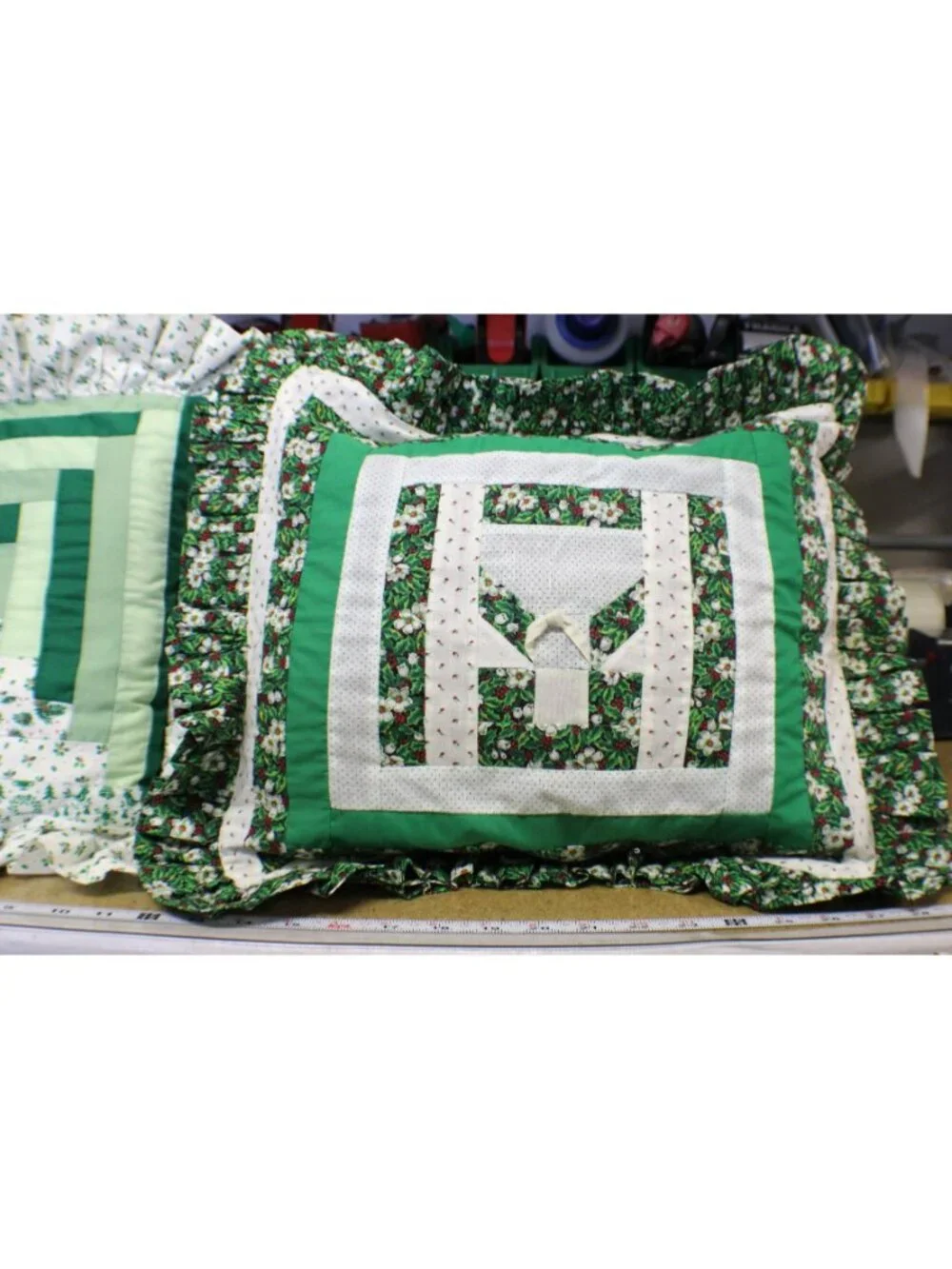 Set 2 Handmade Ruffled Quilted Throw Pillows Holiday Green White Holly Pattern